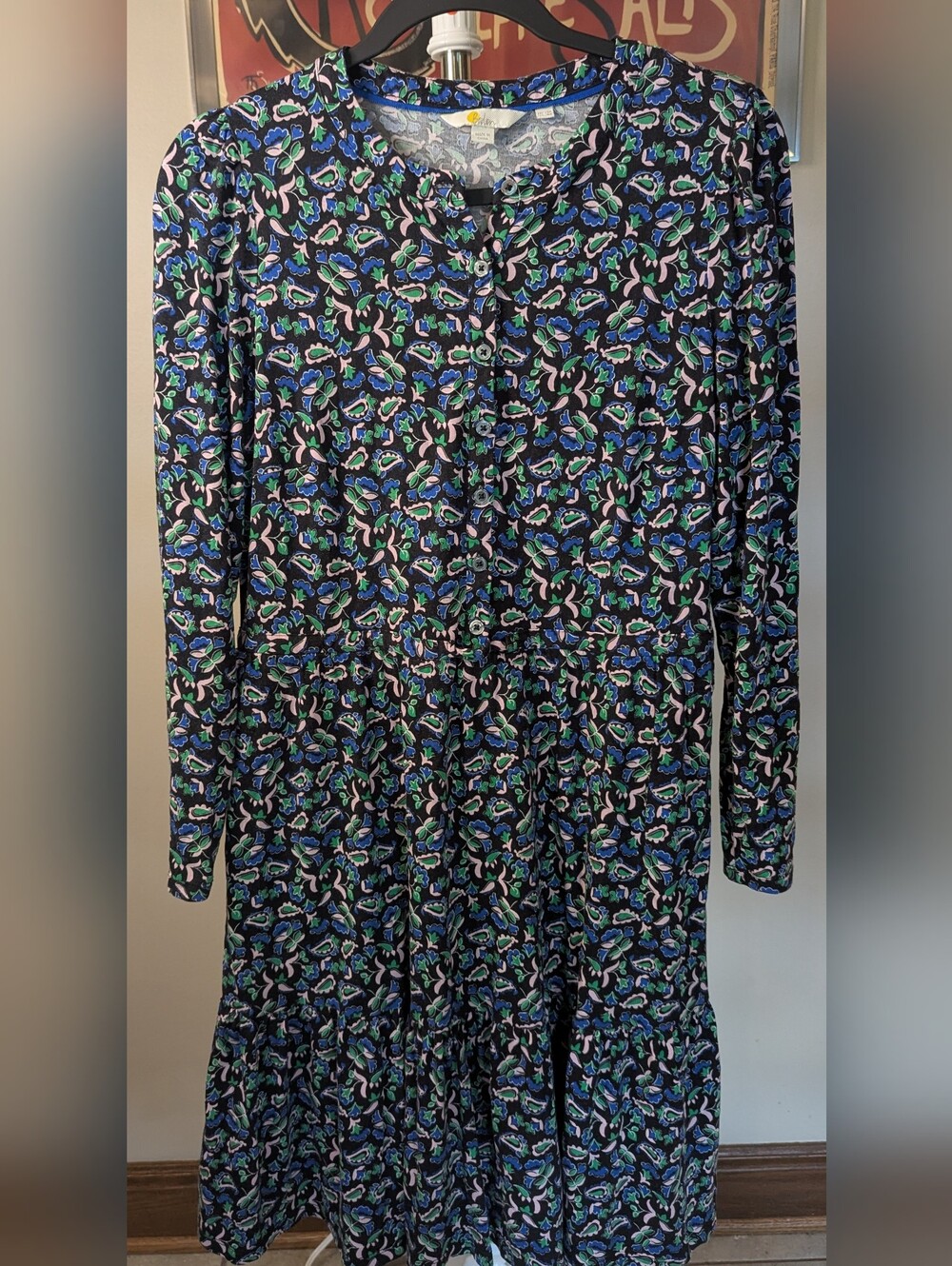 Boden Size 8R - Nancy Tiered Jersey Dress Summit Floral Paisley Navy Blue EUC